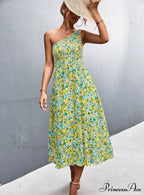 Floral Print Diagonal Shoulder Dress