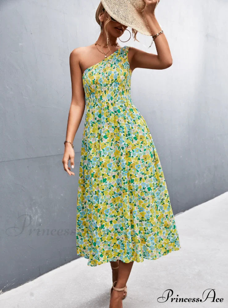 Floral Print Diagonal Shoulder Dress