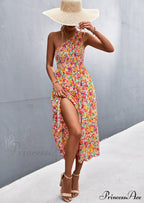 Floral Print Diagonal Shoulder Dress