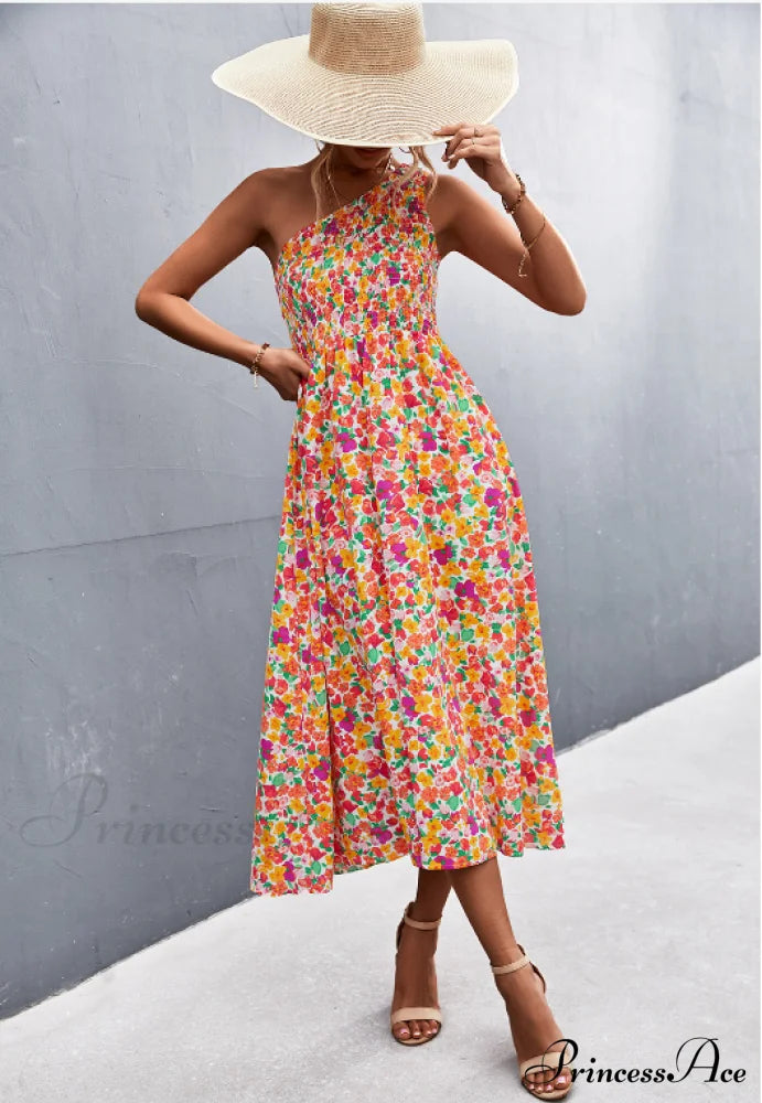 Floral Print Diagonal Shoulder Dress