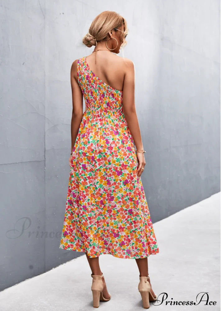 Floral Print Diagonal Shoulder Dress