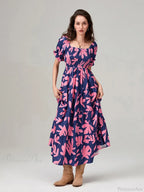 Floral Print Flowy Puff Sleeve Square Neck A-Line Vacation Floral Dress