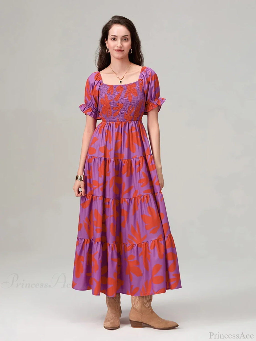Floral Print Flowy Puff Sleeve Square Neck A-Line Vacation Floral Dress