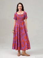 Floral Print Flowy Puff Sleeve Square Neck A-Line Vacation Floral Dress