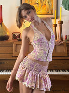 Floral Print Halter Buttoned Graceful Top And Mini Skirt Set