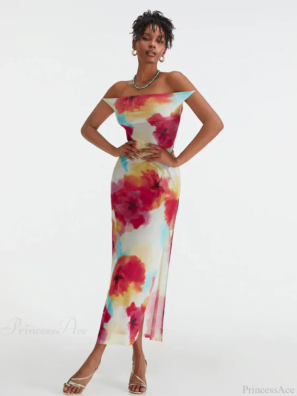 Floral Print High Split Backless Off-Shoulder Tie-up Long Floral Dress