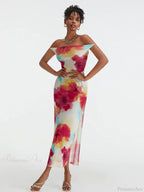 Floral Print High Split Backless Off-Shoulder Tie-up Long Floral Dress