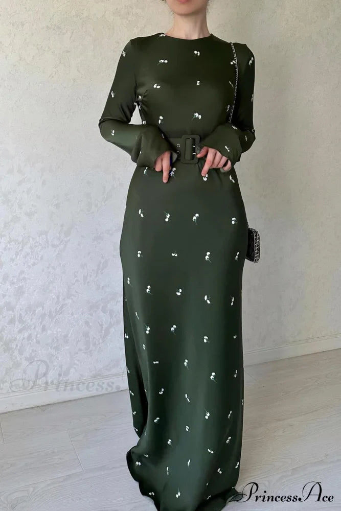 Floral Print High Waist Midi Dress with Belt