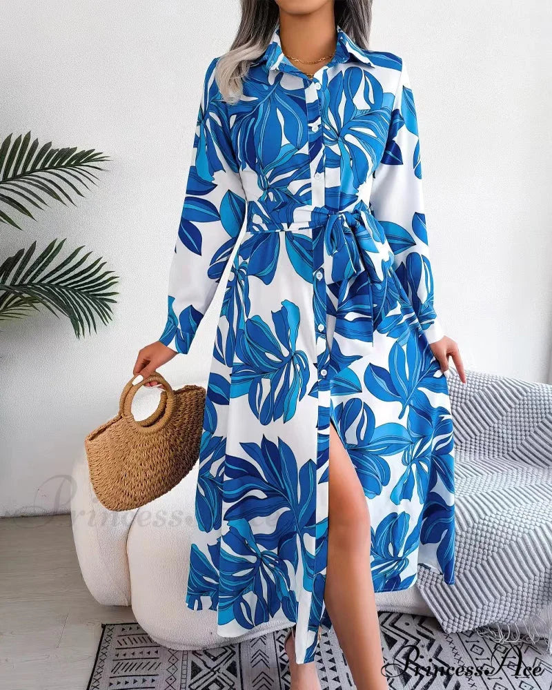 Floral Print Lapel Shirt Dress with Contrast