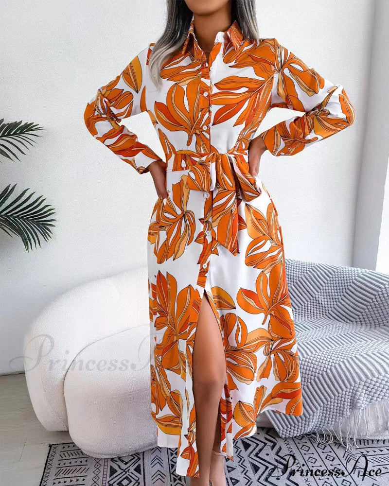 Floral Print Lapel Shirt Dress with Contrast
