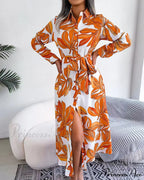 Floral Print Lapel Shirt Dress with Contrast