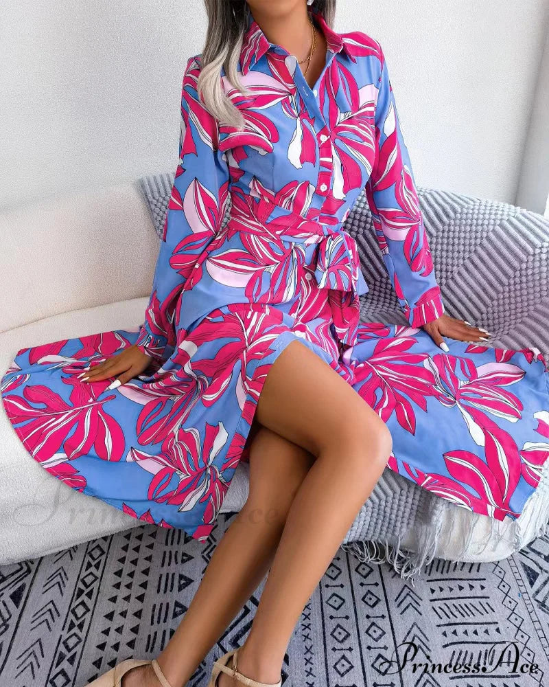Floral Print Lapel Shirt Dress with Contrast