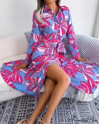 Floral Print Lapel Shirt Dress with Contrast