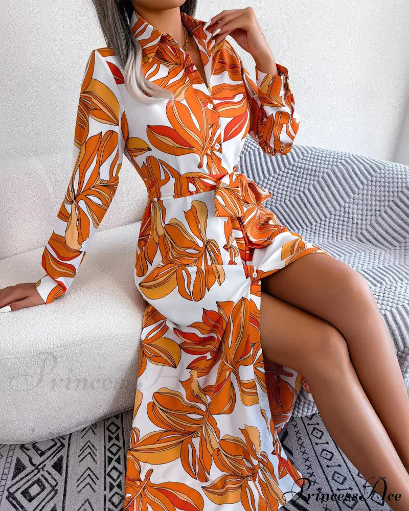 Floral Print Lapel Shirt Dress with Contrast