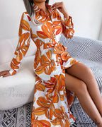 Floral Print Lapel Shirt Dress with Contrast