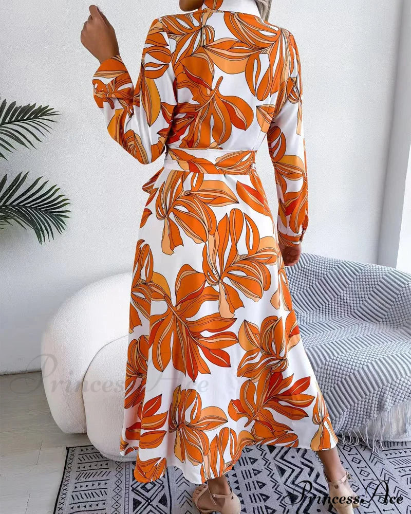 Floral Print Lapel Shirt Dress with Contrast