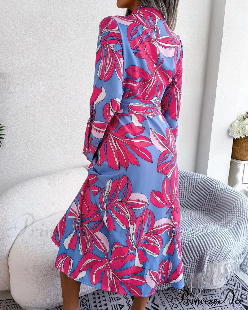 Floral Print Lapel Shirt Dress with Contrast
