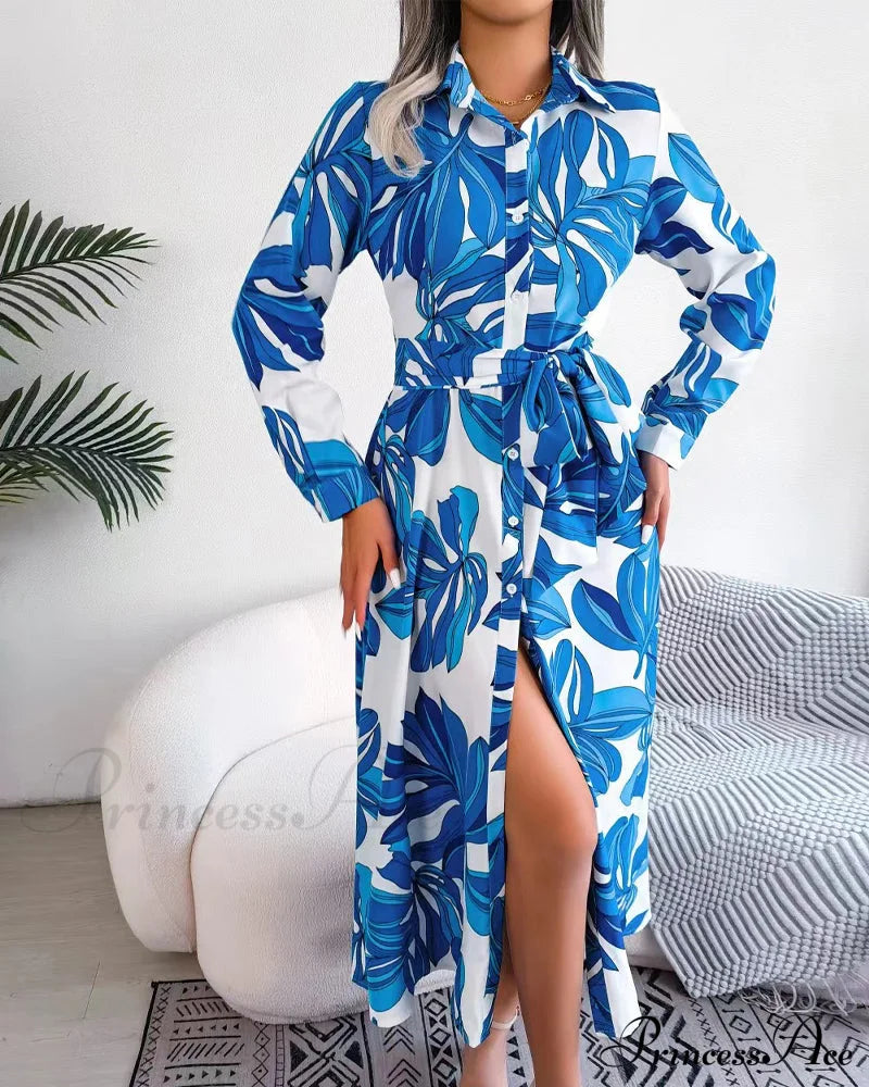 Floral Print Lapel Shirt Dress with Contrast