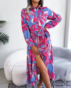 Floral Print Lapel Shirt Dress with Contrast