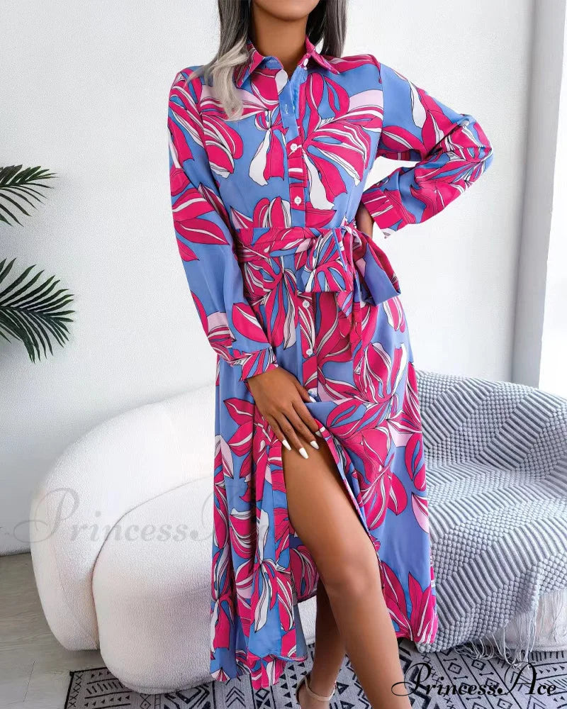 Floral Print Lapel Shirt Dress with Contrast