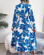 Floral Print Lapel Shirt Dress with Contrast
