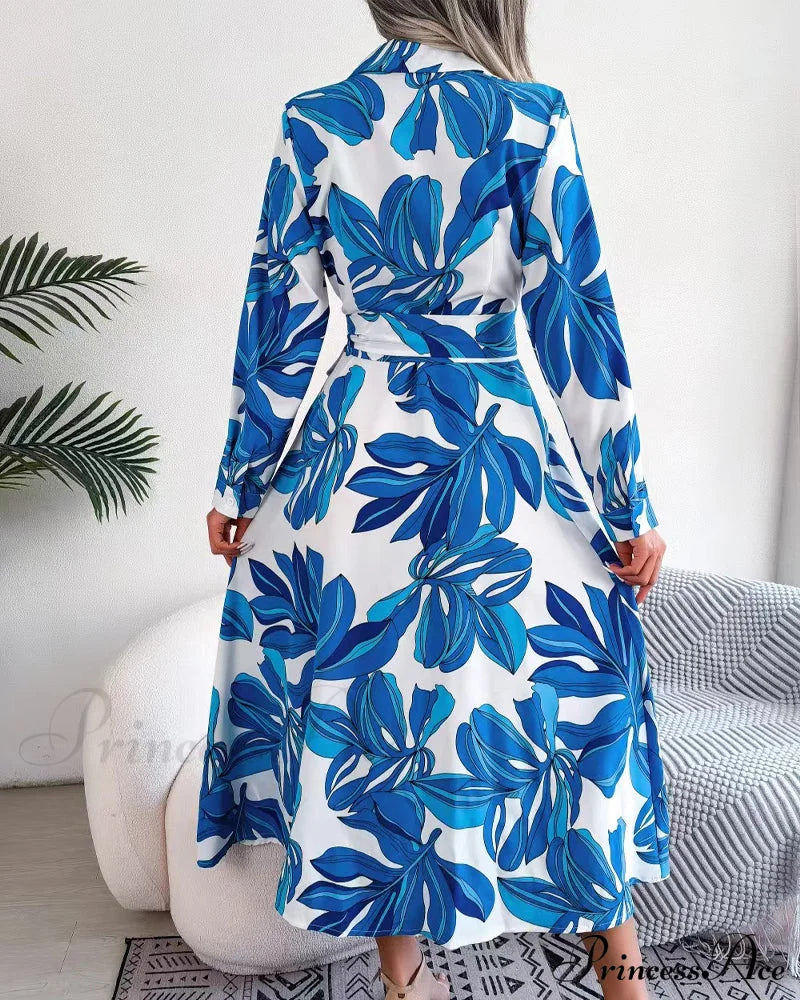 Floral Print Lapel Shirt Dress with Contrast