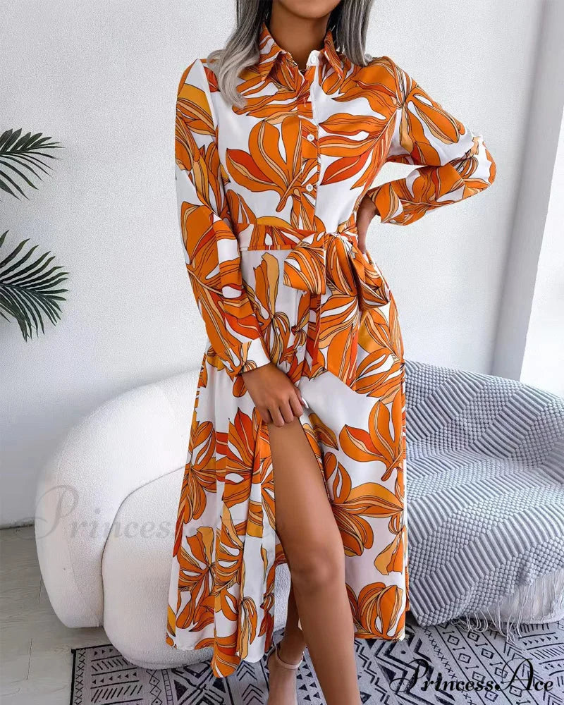 Floral Print Lapel Shirt Dress with Contrast