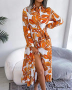 Floral Print Lapel Shirt Dress with Contrast