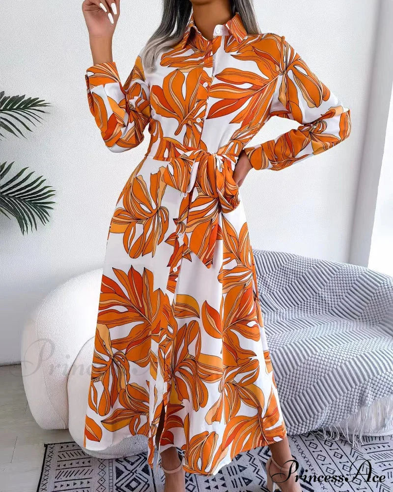 Floral Print Lapel Shirt Dress with Contrast