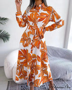 Floral Print Lapel Shirt Dress with Contrast