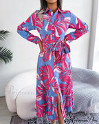 Floral Print Lapel Shirt Dress with Contrast