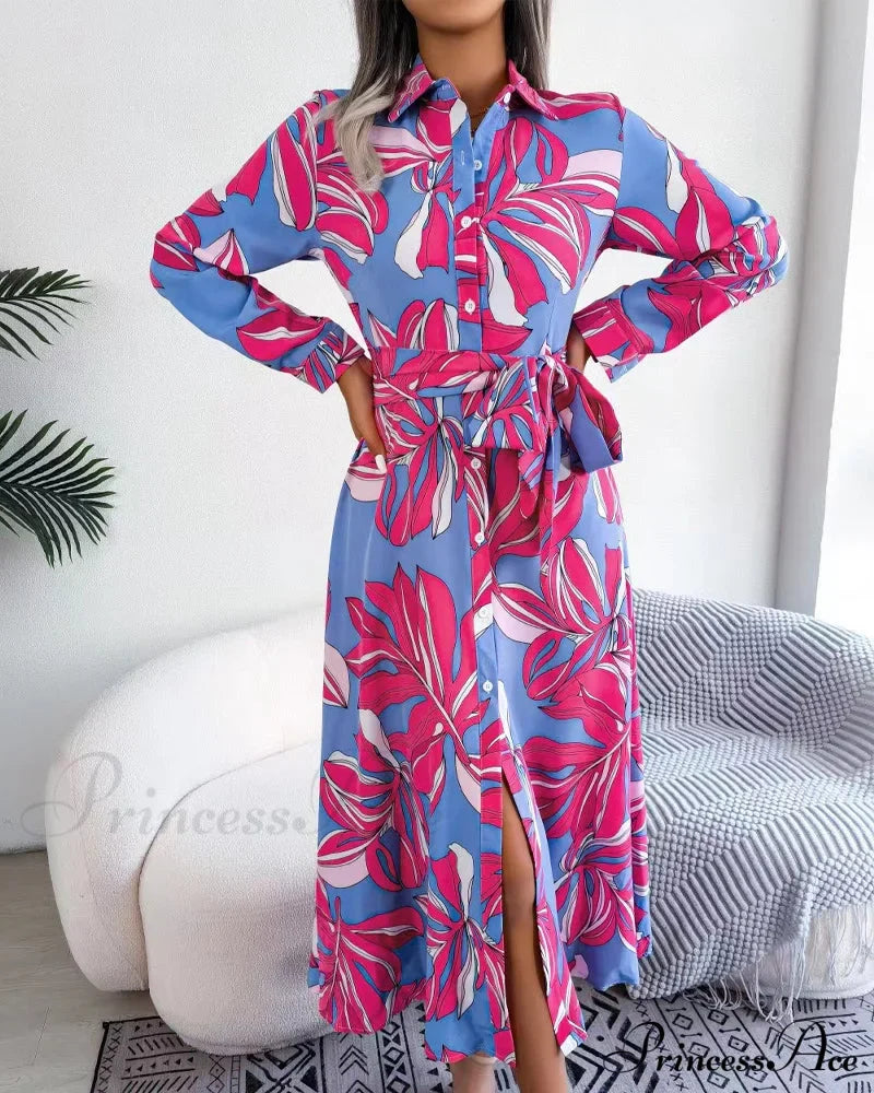 Floral Print Lapel Shirt Dress with Contrast