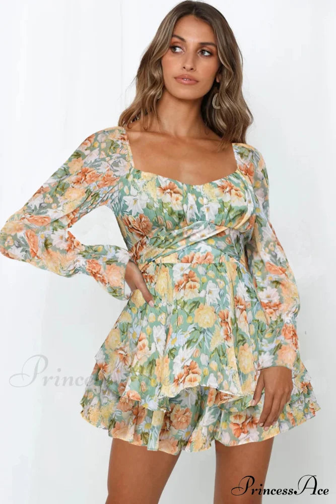 Floral Print Long Sleeve Ruffled Skirt Trousers