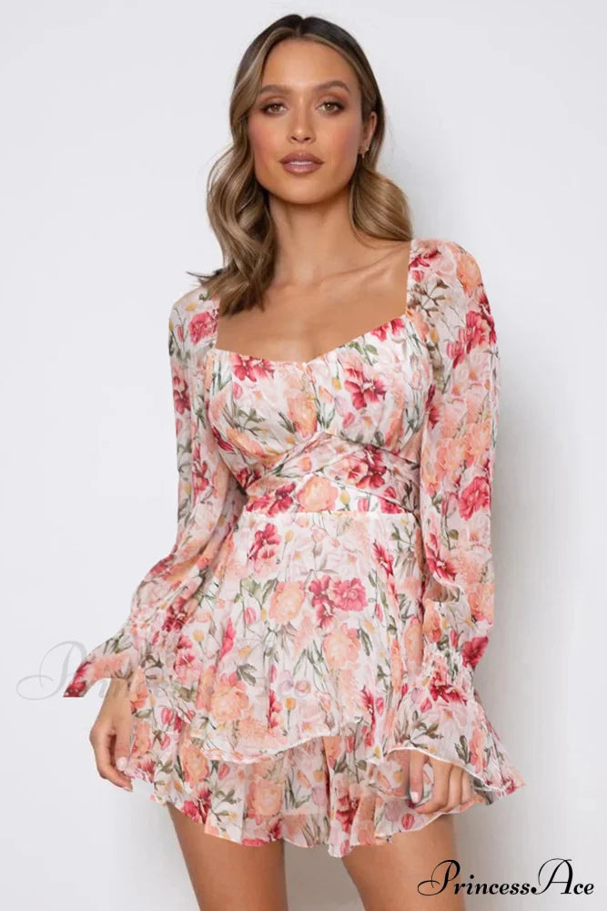 Floral Print Long Sleeve Ruffled Skirt Trousers