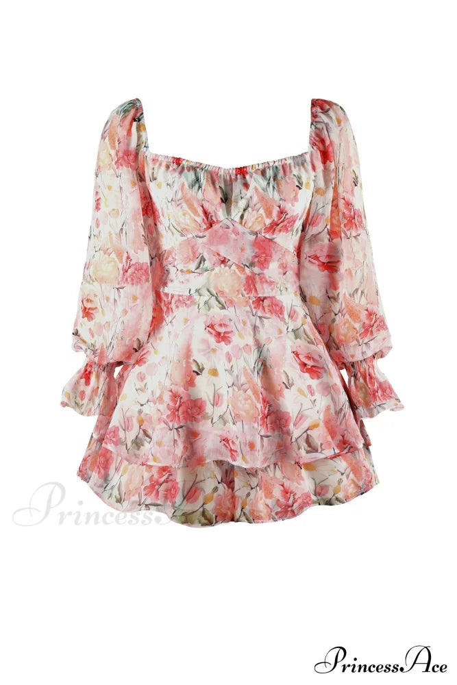 Floral Print Long Sleeve Ruffled Skirt Trousers