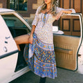 Floral Print Long Sleeve Sashes Fold O-neck Boho Dress