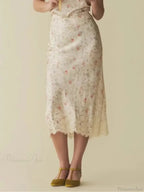 Floral Print Mermaid Lace Splice High Waist Retro Summer Midi Skirt