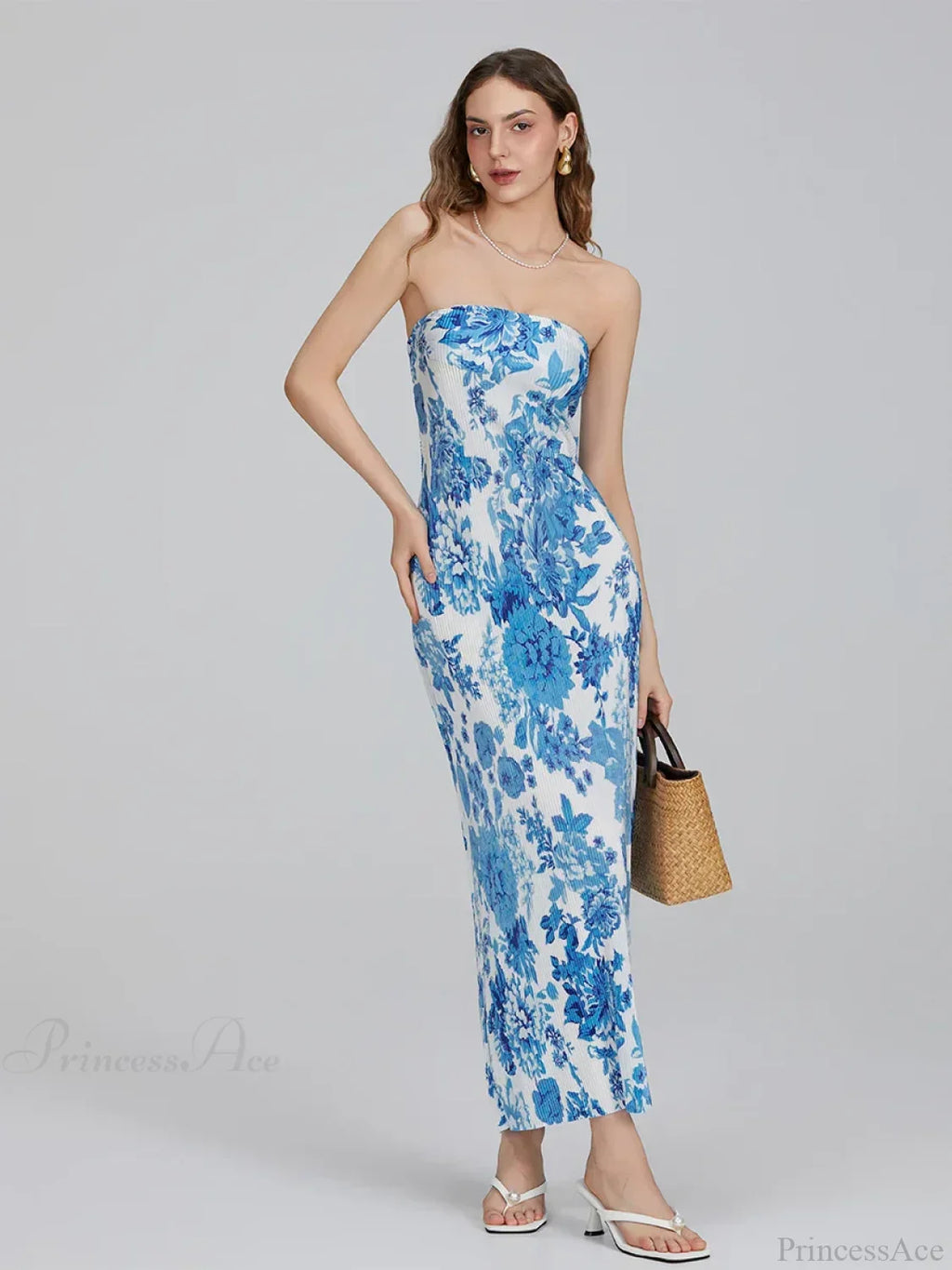 Floral Print Off-Shoulder Bandeau Pleated Tube Top Backless Party Dress