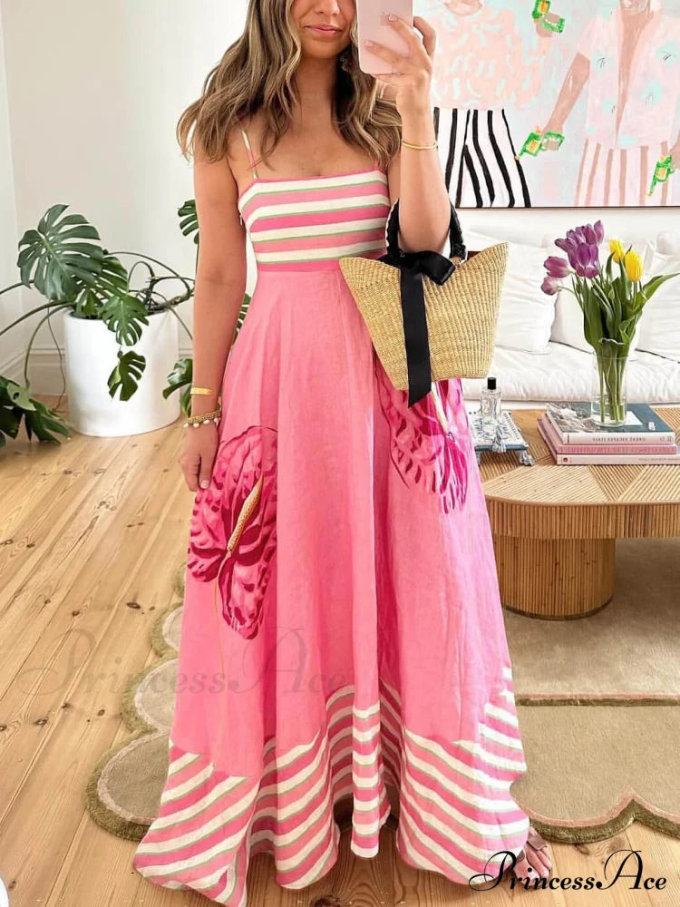 Floral Print Paneled Charming Striped Suspender Mixi Dress