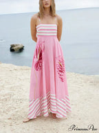 Floral Print Paneled Charming Striped Suspender Mixi Dress
