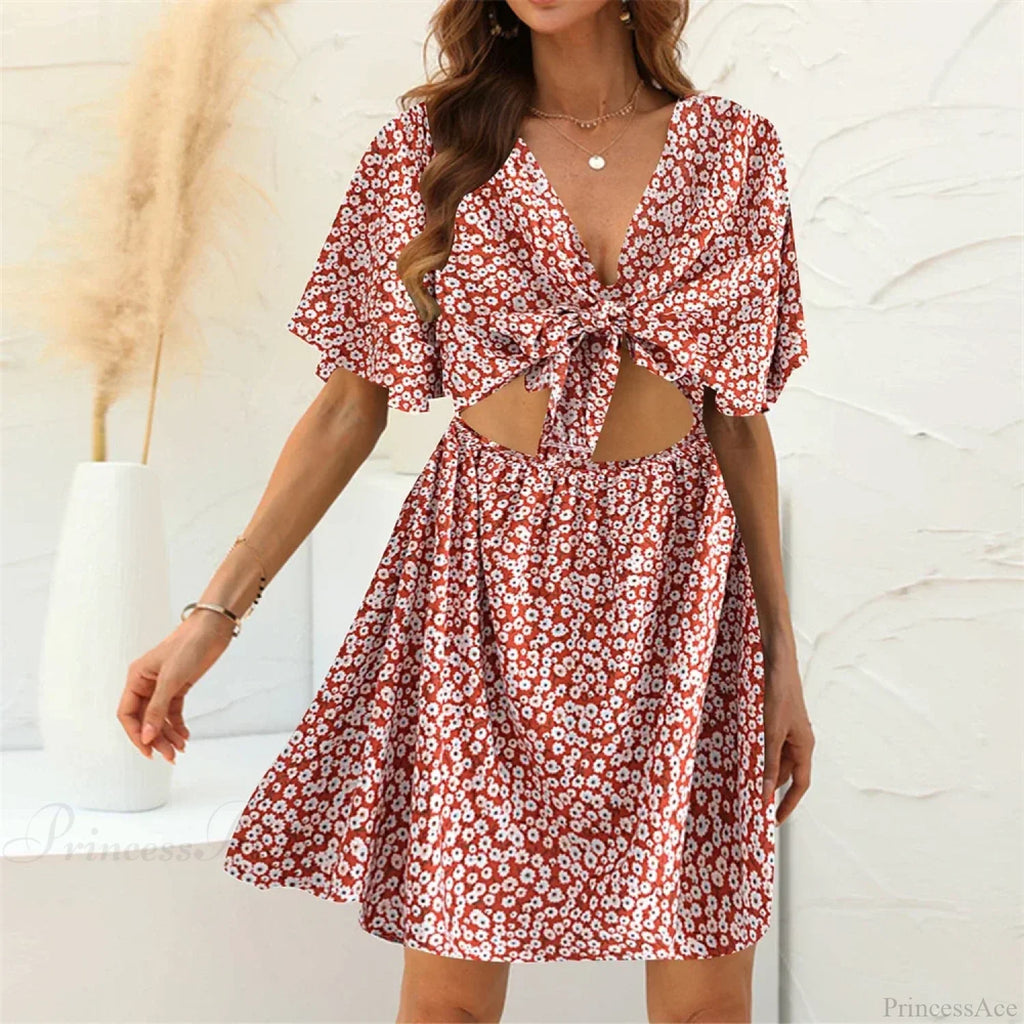 Floral Print Rayon Deep Bow Neck Short Sleeve Sexy Hollow Out Mini Boho Dress