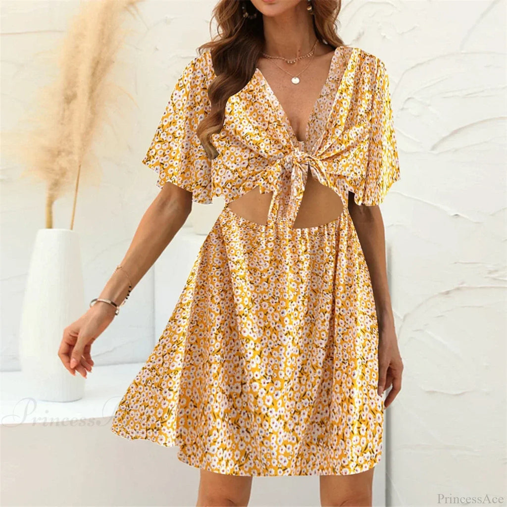 Floral Print Rayon Deep Bow Neck Short Sleeve Sexy Hollow Out Mini Boho Dress