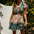 Floral Print Rayon Wrap Short Sleeve Sexy Vacation Mini Boho Dress