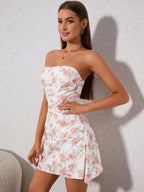 Floral Print Ruched Side Tube Dress
