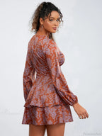 Floral Print Ruffles Tiered Mini Dress V-neck High Waist Floral Dress