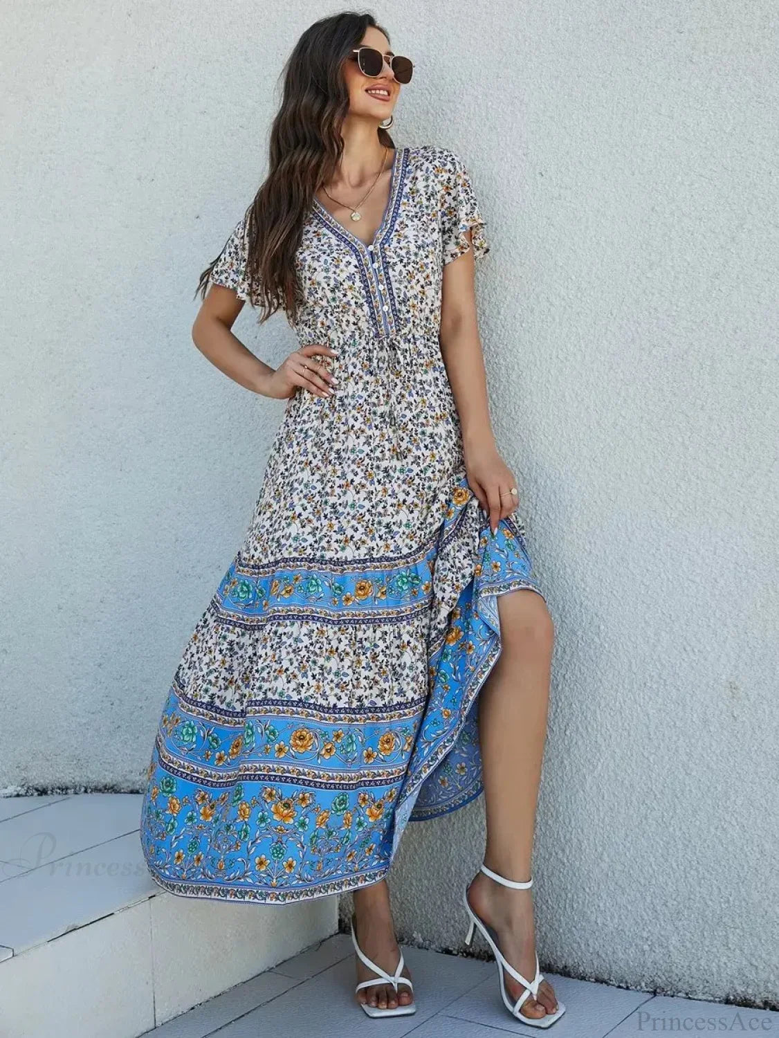 Floral Print Short Sleeve Button Loose Tassel V-neck Maxi Boho Dress