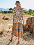 Floral Print Short Sleeve Off Shoulder Maxi Boho Dress