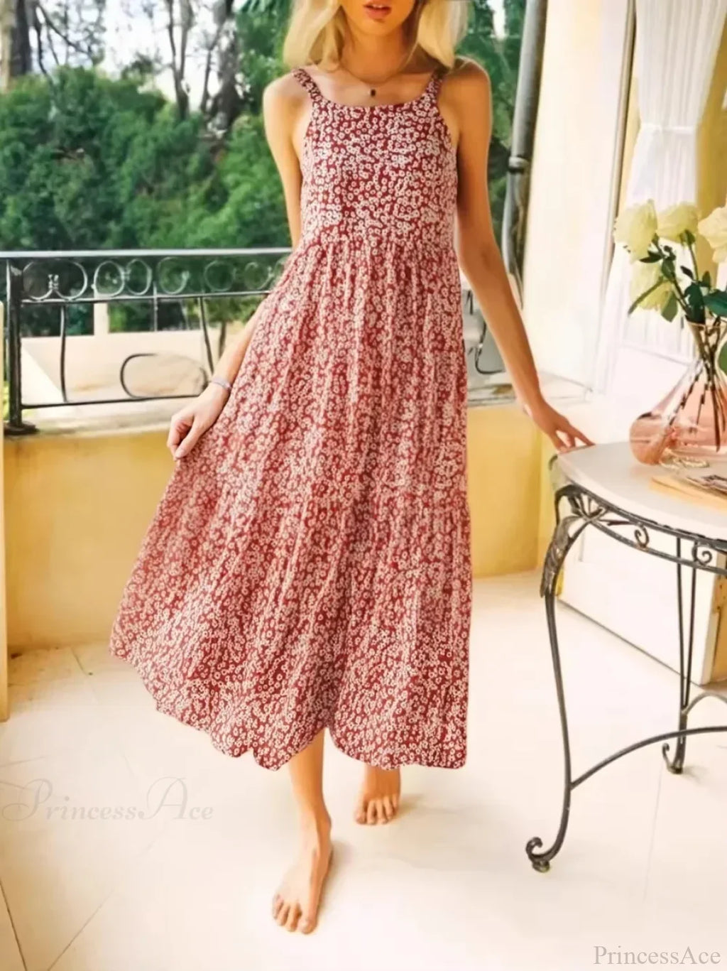Floral Print Sleeveless Backless Rayon Vacation Maxi Boho Dress