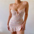 Floral Print Spaghetti Strap Low Cut Lace-up Ruffled Floral Dress