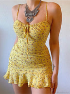 Floral Print Spaghetti Strap Low Cut Lace-up Ruffled Floral Dress